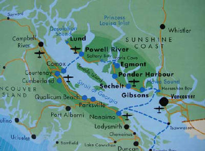 Our journey along Hwy 101 in the Sunshine Coast of British Columbia began in Vancouver, British Columbia (lower right of map). Steveston, BC is located immediately to the south of Vancouver on the Fraser River. There is a BC Ferry crossing at Horsewhoe Bay, north of Vancouver, and another at Earls Cover, just north of Pender Harbour and Egmont. From Earls Cover it is an easy journey through the great northern boreal forest to Lund. Lund is the termination point for Hwy 101, also known as the Pan-American Highway which has its southern terminus at the tip of South America.
