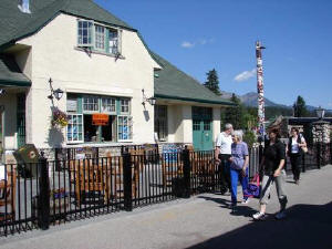 The via train station at Jasper, Alberta. The alpine motif is repeated throughout the area. Car rentals available here at the train station.